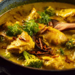 Golden coconut chicken curry with rice and coriander garnish