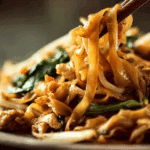 Wide rice noodle stir fry with chicken, greens, and egg on a ceramic platter