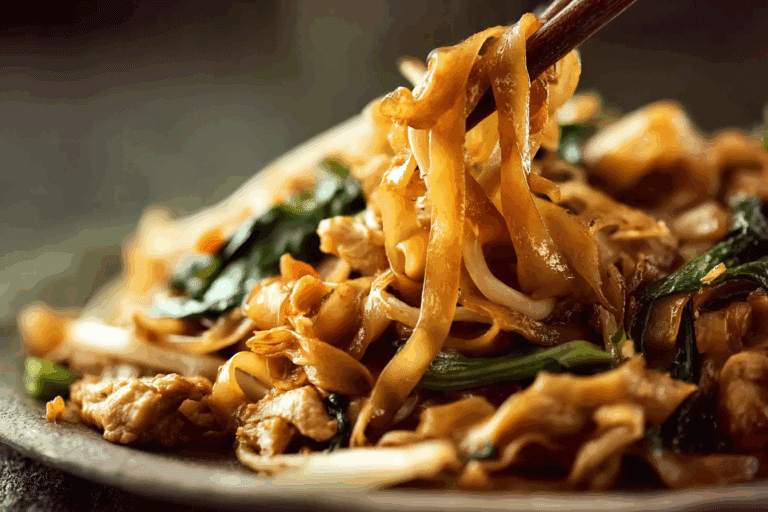 Wide rice noodle stir fry with chicken, greens, and egg on a ceramic platter