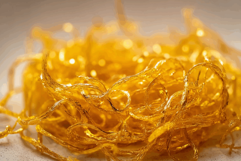 Golden Egg Threads Thai dessert plated with pandan leaf