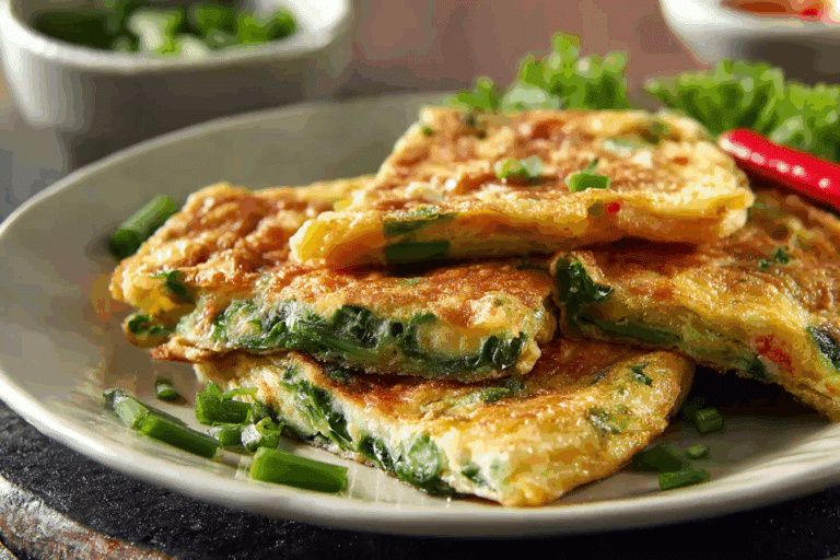 Thai Cha Om Omelette served with rice and cucumber slices
