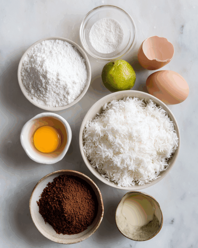Ingredients for Thai Coconut and Cocoa Macaroons including coconut, cocoa, and lime