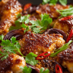 Chicken and Chilli Jam Traybake served hot in a rustic tray