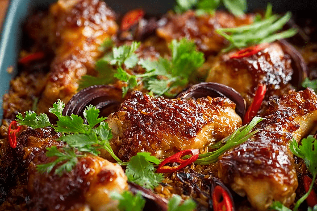 Chicken and Chilli Jam Traybake served hot in a rustic tray