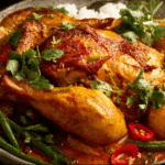 Thai red curry pot roast chicken with coconut milk served on a platter