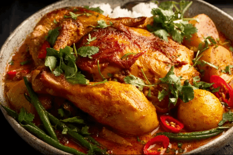 Thai red curry pot roast chicken with coconut milk served on a platter