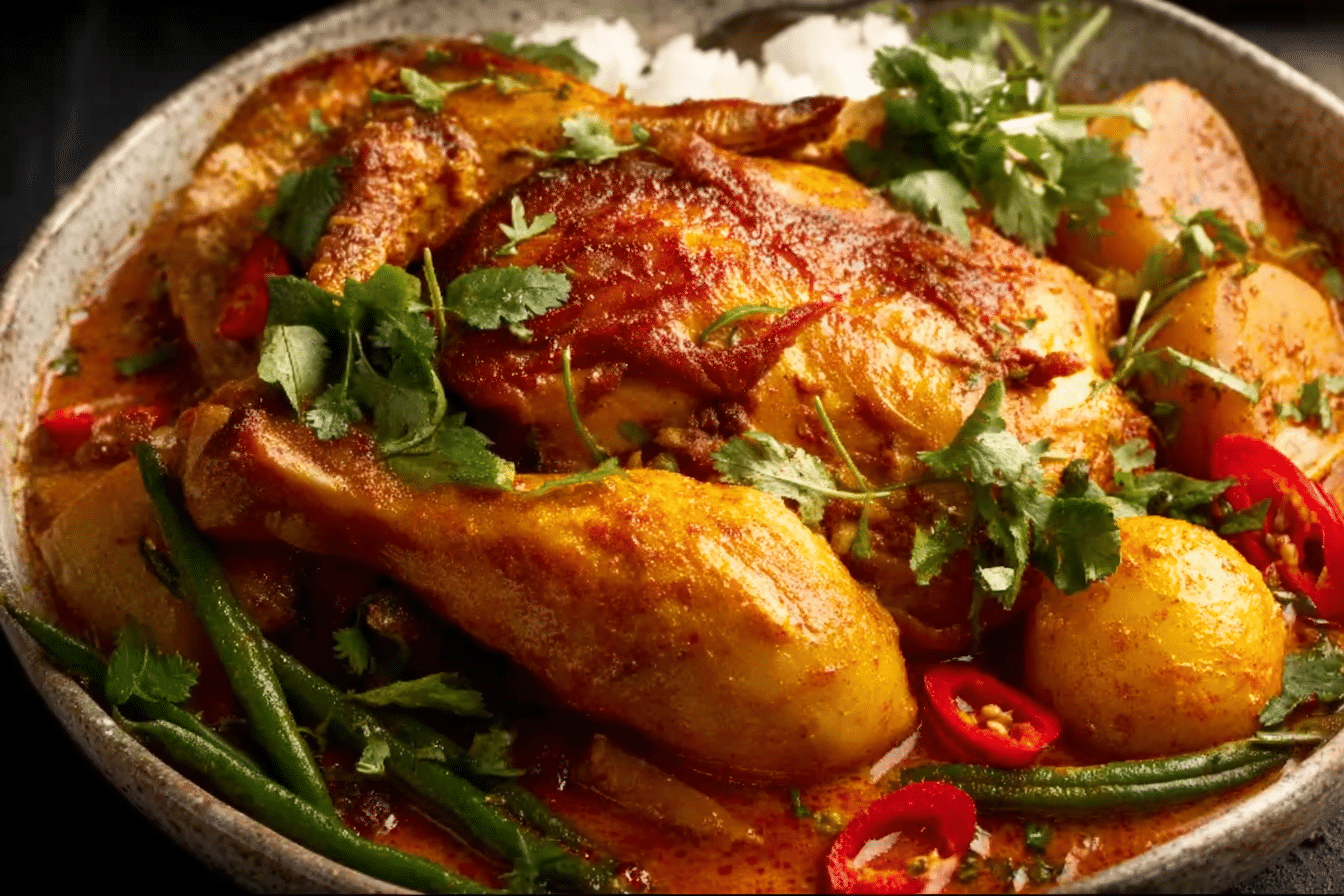 Thai red curry pot roast chicken with coconut milk served on a platter