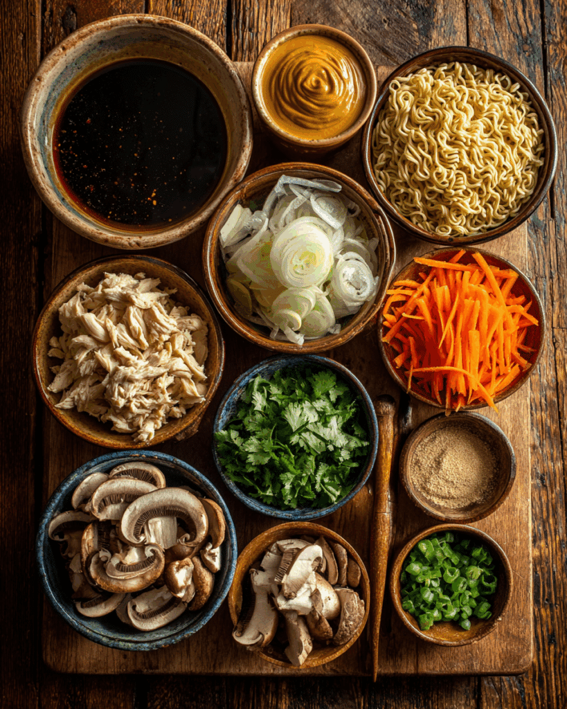 Thai Peanut Butter Ramen ingredients flat lay