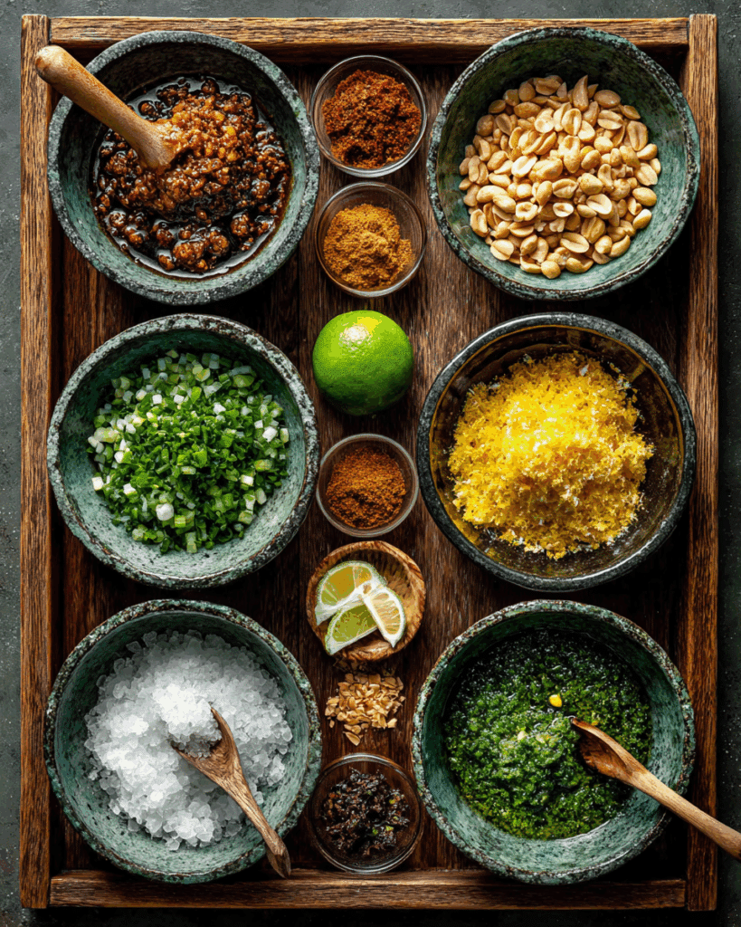 Making Thai Seafood Dipping Sauce with a mortar and pestle.