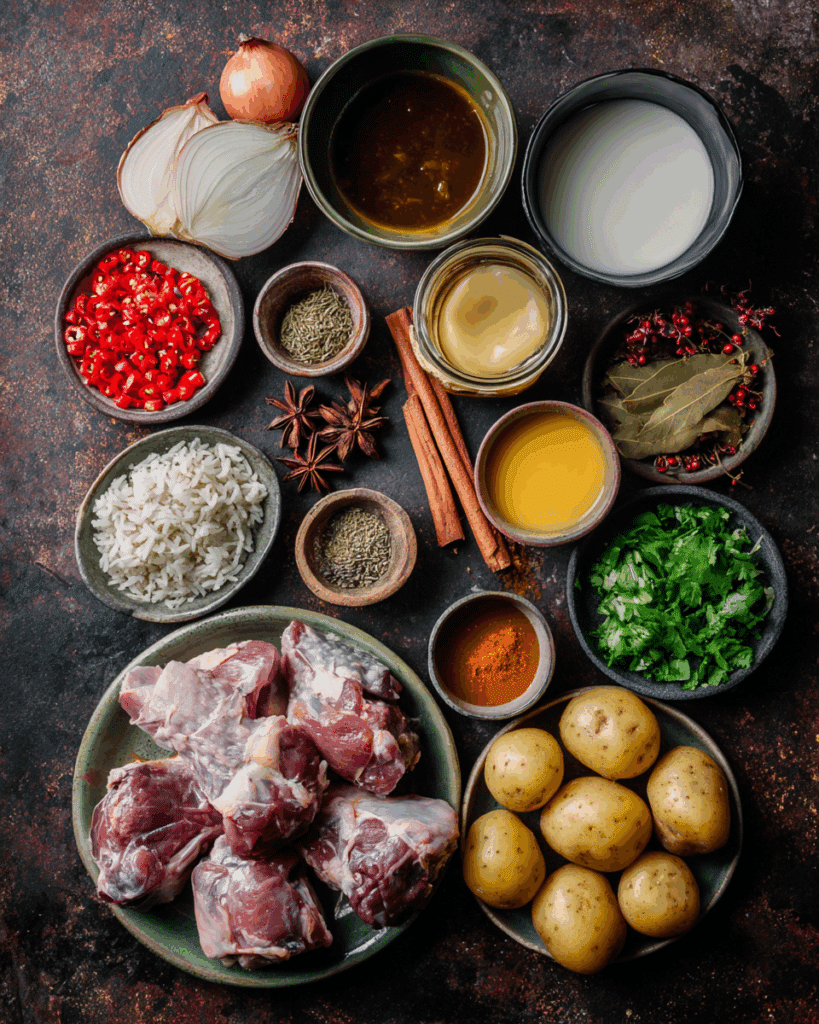 Ingredients for Lamb Shanks Massaman Curry arranged on a wooden surface.