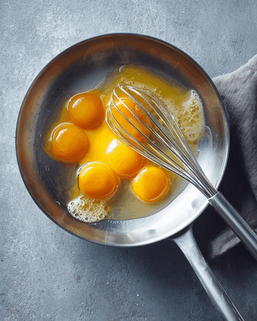 Drizzling egg yolk into syrup to make Golden Egg Threads