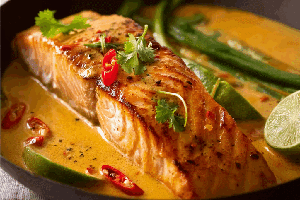 Poached Salmon in Coconut Lime Sauce served with jasmine rice and fresh herbs.