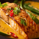 Poached Salmon in Coconut Lime Sauce served with jasmine rice and fresh herbs.