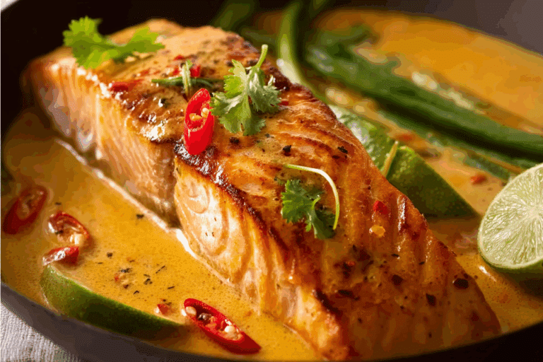 Poached Salmon in Coconut Lime Sauce served with jasmine rice and fresh herbs.