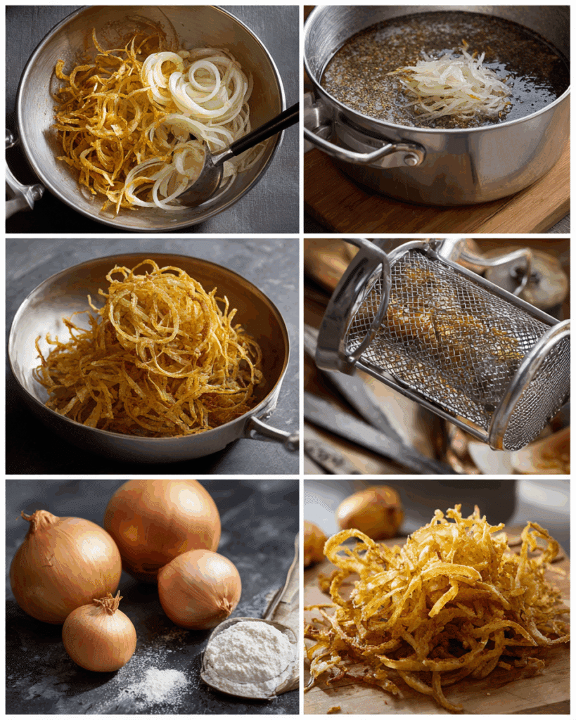 Onion slices frying in hot oil, turning golden brown.