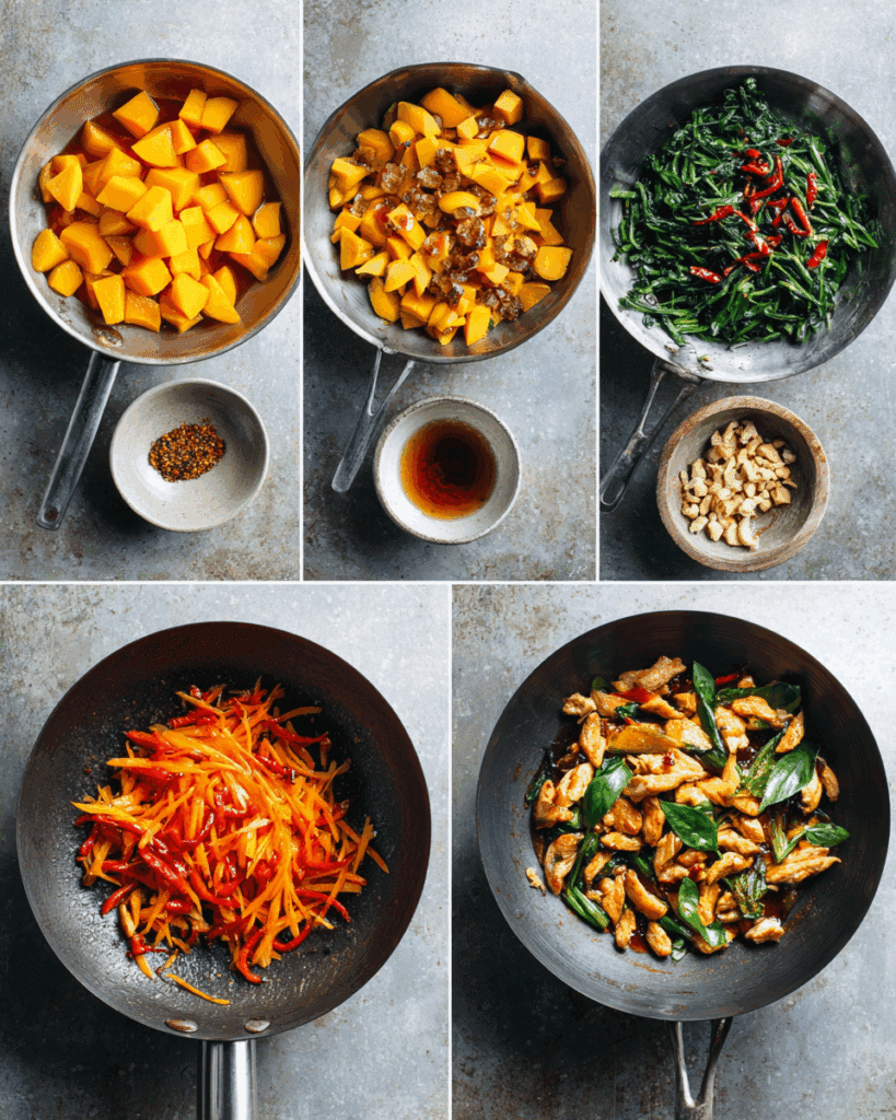 Thai Chicken and Pumpkin Stir-Fry sizzling in a wok during cooking.