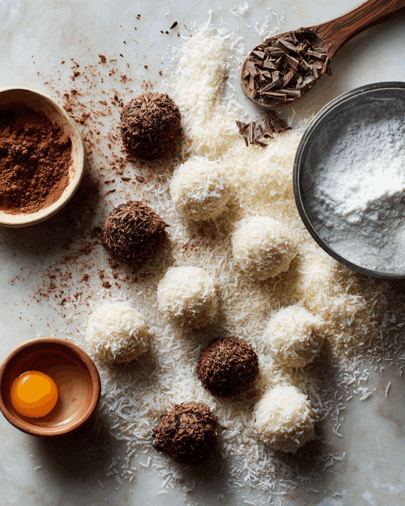 Mixing coconut and cocoa into whipped egg whites for Thai Coconut and Cocoa Macaroons