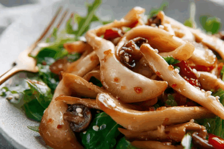 King Oyster Mushroom Salad served with sesame and chili.