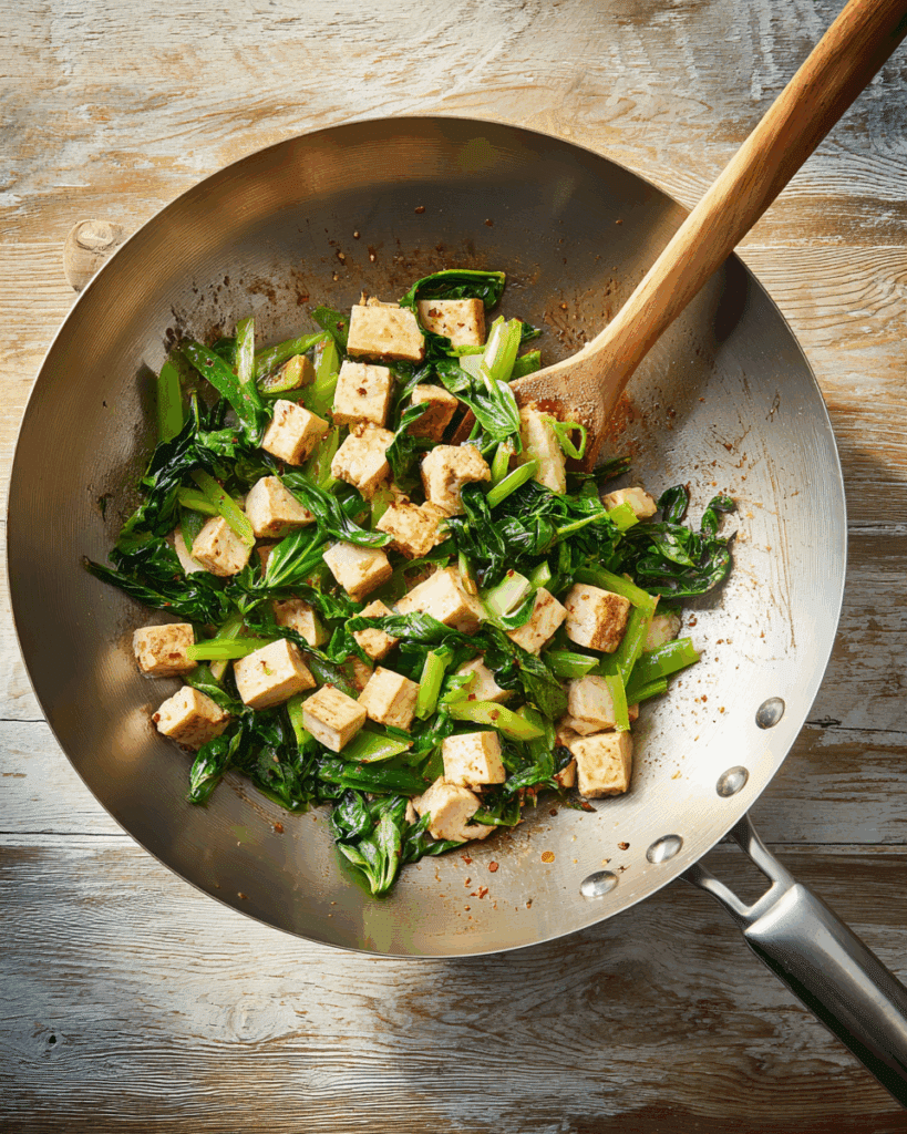 Tofu stir frying in a wok for Holy Basil Stir Fry with Tofu.