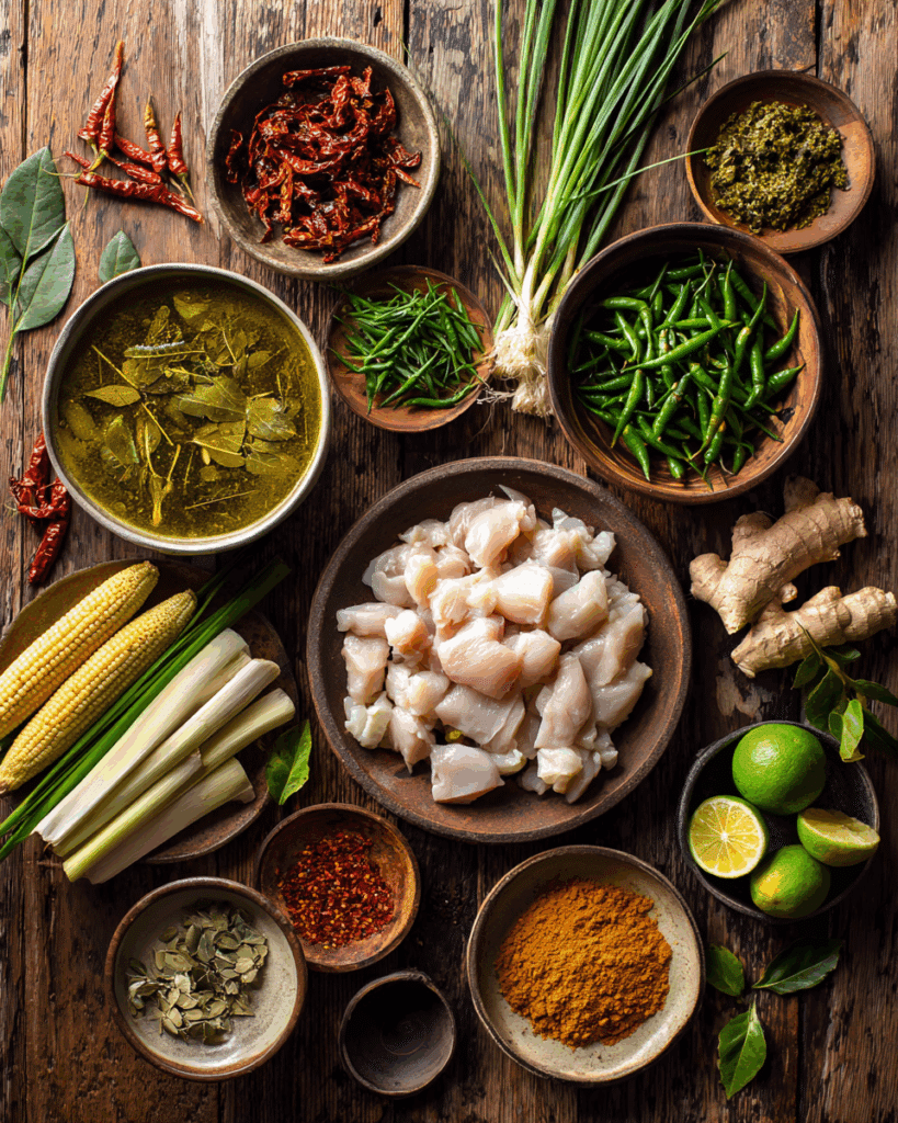 Ingredients for Thai Jungle Curry with Chicken arranged on a table