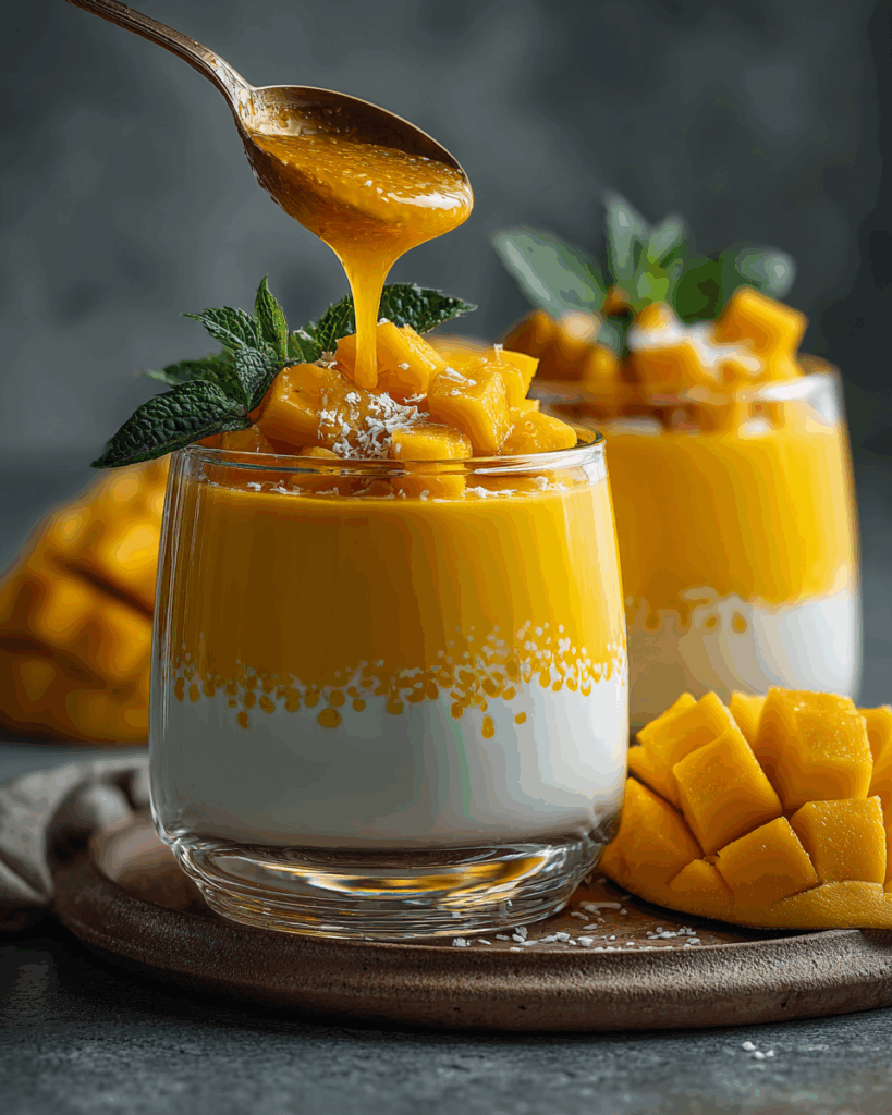 Preparing Coconut Panna Cotta with Mango Puree on stove, gelatin blooming.