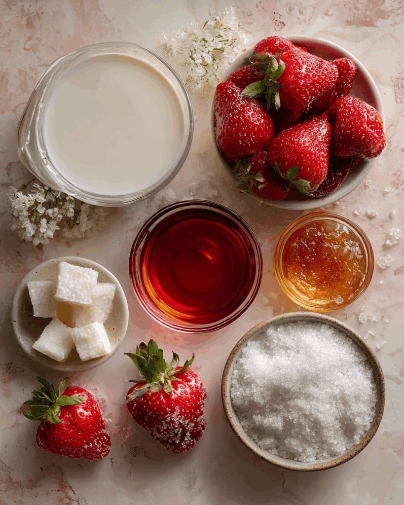 Ingredients for Strawberry Boba Recipe on a kitchen counter.