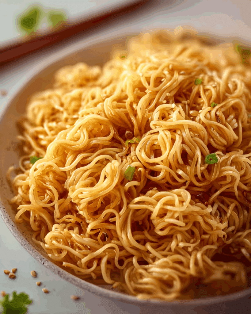Tossing Dry Egg Noodles with garlic oil in a wok