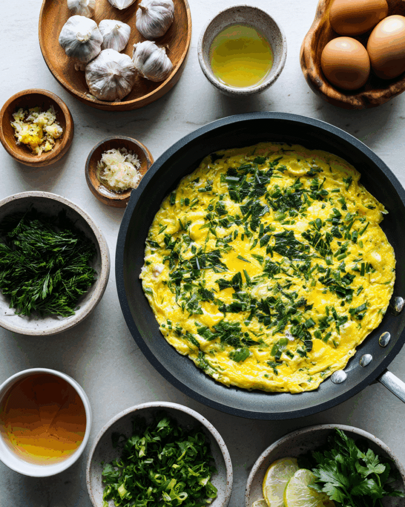 Cooking Thai Cha-Om Omelette Recipe in a skillet