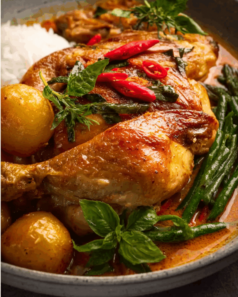Chicken roasting in Thai red curry sauce with potatoes