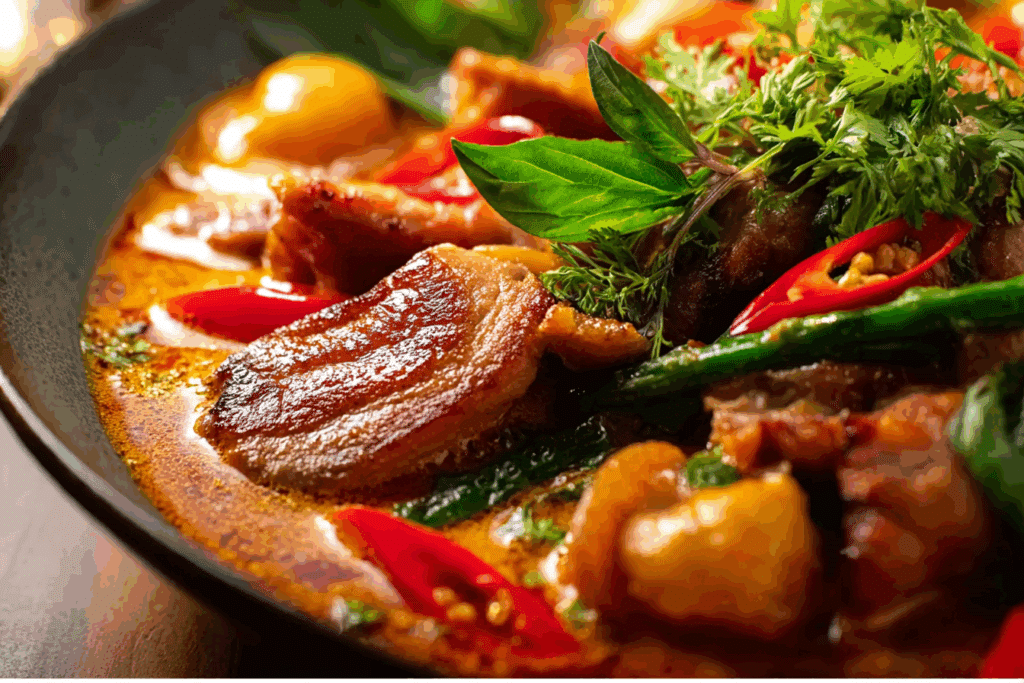 Thai Red Duck Curry served with rice and basil