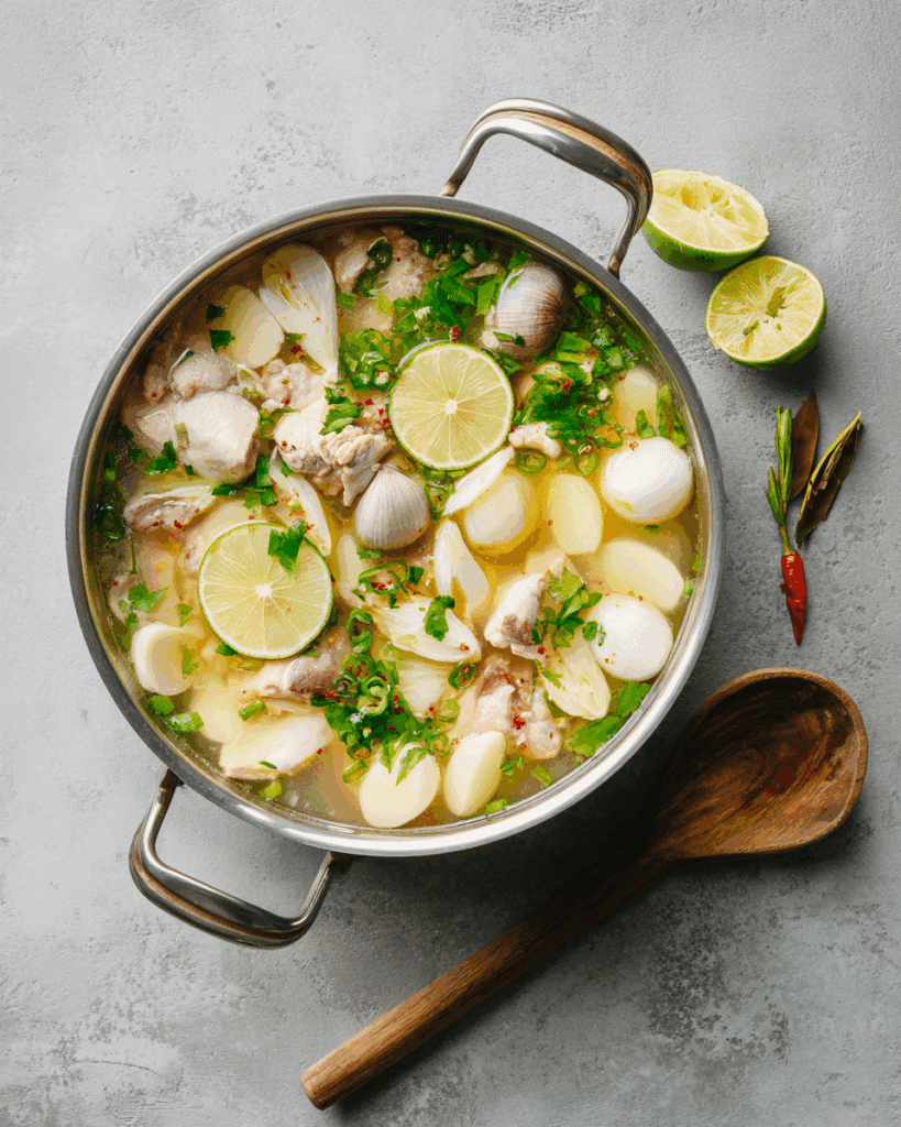 Cooking Coconut Galangal Chicken Soup in a pot with herbs and coconut milk.