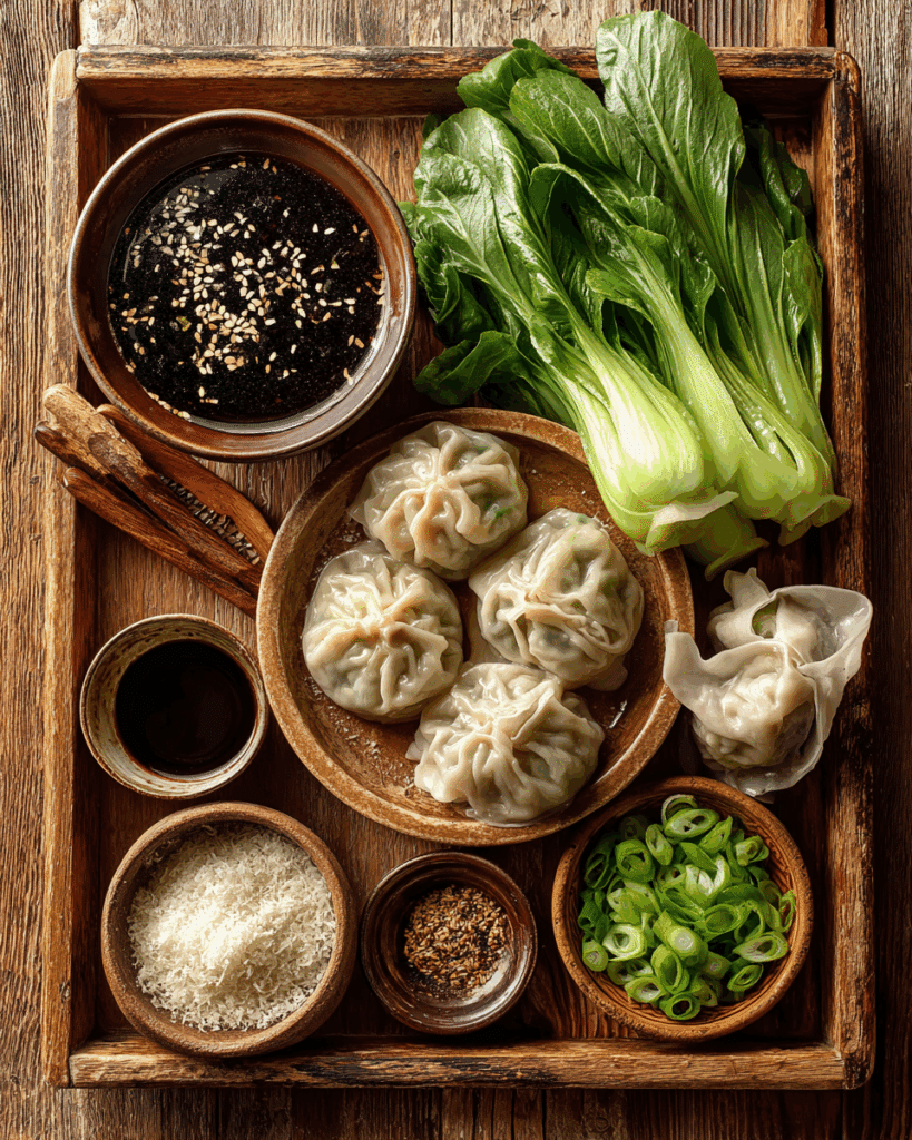 Ingredients for Thai Wonton Soup Recipe on a wooden table