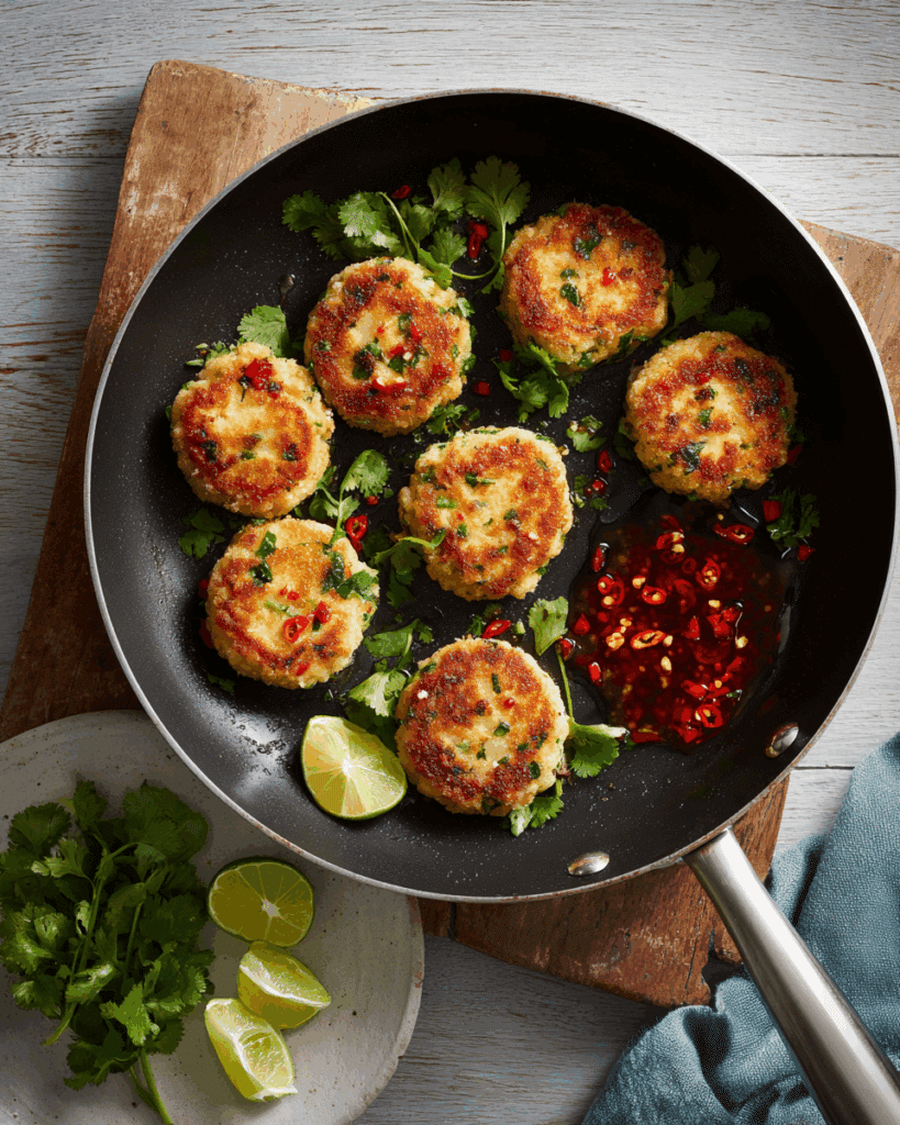 Thai Fish Cakes frying in a skillet with golden edges and bubbling oil.