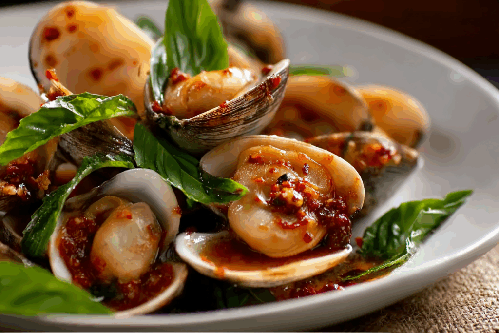 Clams with Roasted Chili Paste and Basil served with Thai basil and rice.
