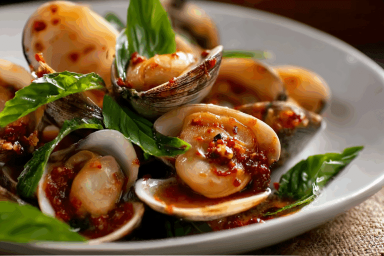 Clams with Roasted Chili Paste and Basil served with Thai basil and rice.