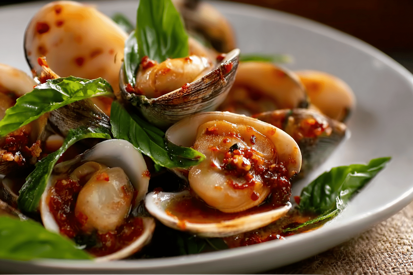 Clams with Roasted Chili Paste and Basil served with Thai basil and rice.