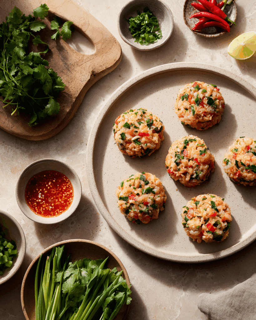 Shrimp cakes frying in a skillet for Thai Shrimp Cakes with Chili Aioli, showing golden crisp edges and bubbling oil.
