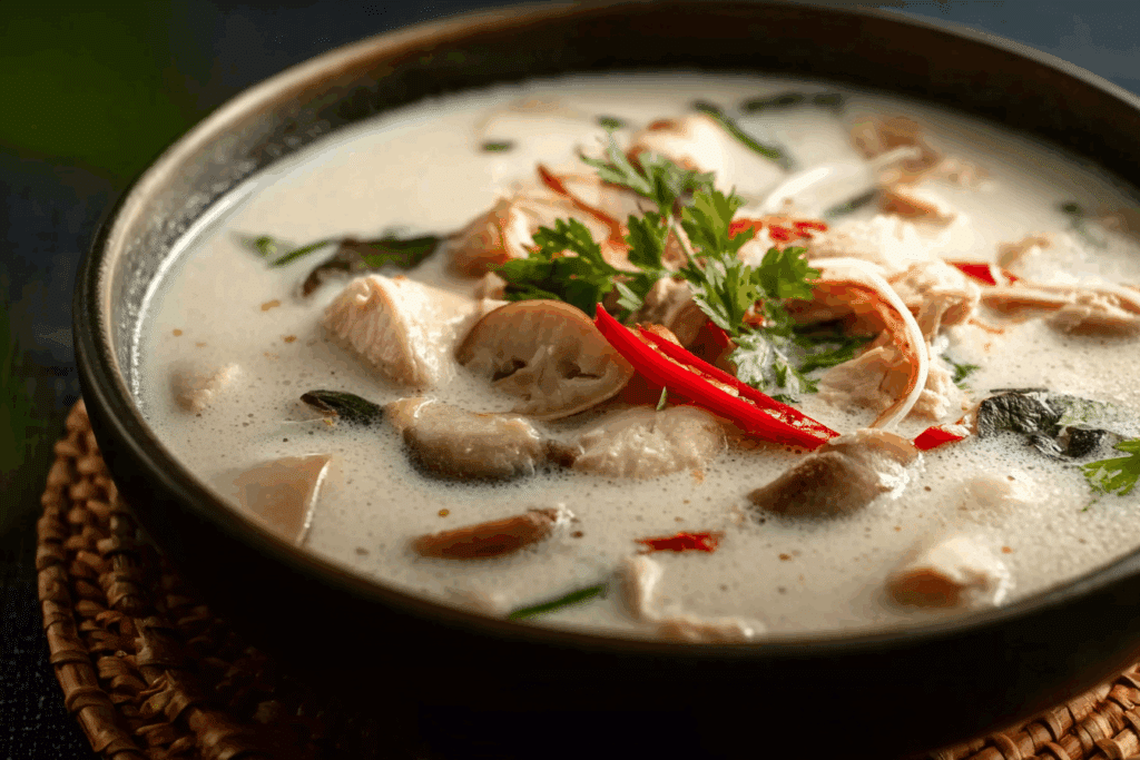 Coconut Galangal Chicken Soup served hot in a bowl with rice and herbs.