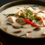 Coconut Galangal Chicken Soup served hot in a bowl with rice and herbs.