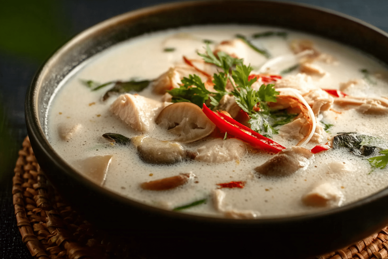 Coconut Galangal Chicken Soup served hot in a bowl with rice and herbs.