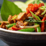 Holy Basil Stir Fry with Tofu served over jasmine rice.