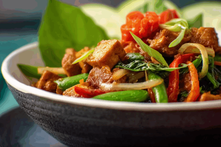 Holy Basil Stir Fry with Tofu served over jasmine rice.