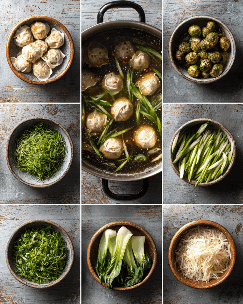 Wontons cooking in broth for Thai Wonton Soup Recipe