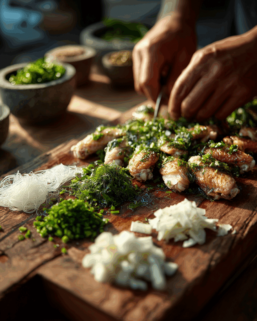 Preparing Thai Stuffed Chicken Wings by filling the wings.