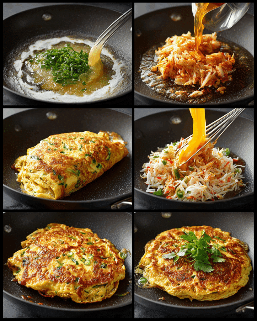 Crab omelette frying in hot oil inside a wok.