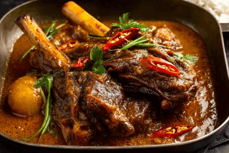 Lamb Shanks Massaman Curry served with rice and chili garnish.