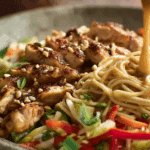 Thai Satay Chicken Noodle Salad with peanut dressing and vegetables
