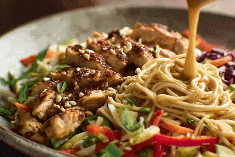 Thai Satay Chicken Noodle Salad with peanut dressing and vegetables