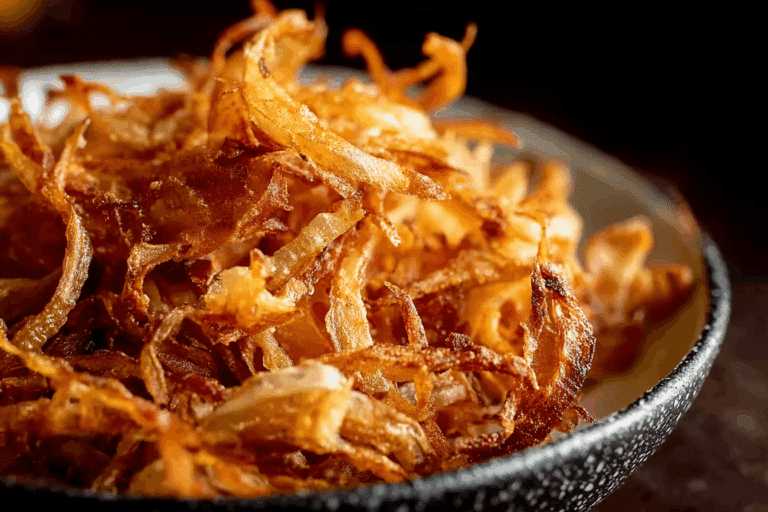 Homemade golden fried onions in a rustic bowl on a wooden table.