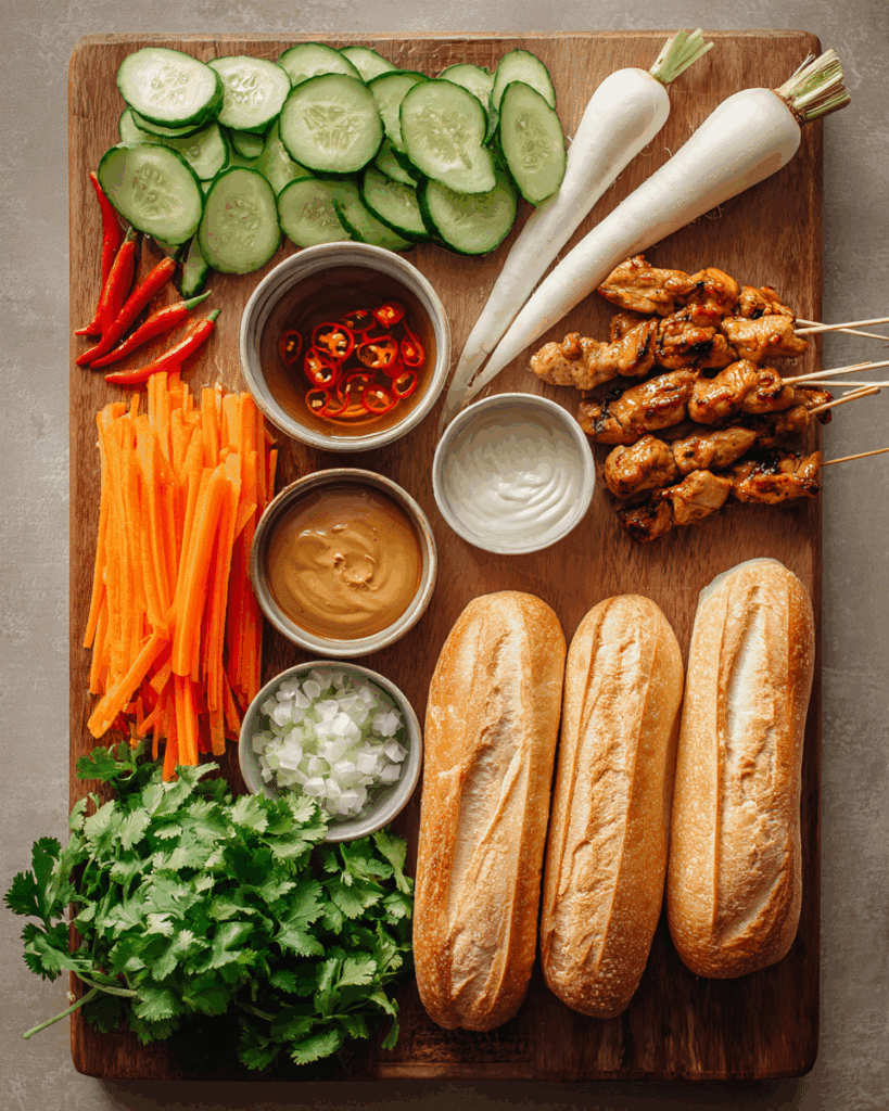 Ingredients for Chicken Satay Sandwich including peanut sauce and vegetables.